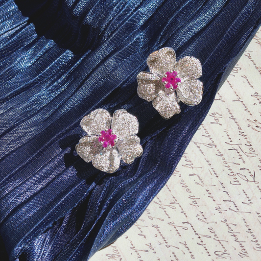 14k White Gold 1.15cttw Diamond and 0.66cttw Created Sapphire Floral Earrings0