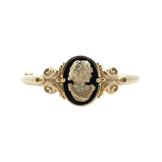 10k Yellow Gold Black Enamel and 0.05cttw Lab-Grown Diamond Cameo Bracelet0