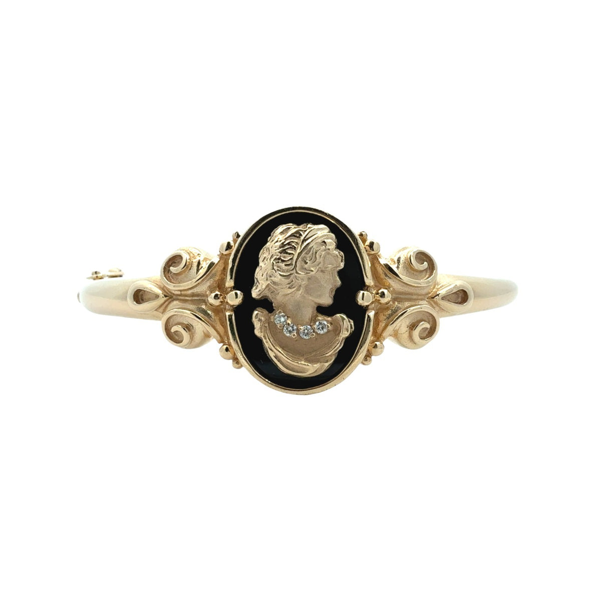 10k Yellow Gold Black Enamel and 0.05cttw Lab-Grown Diamond Cameo Bracelet0