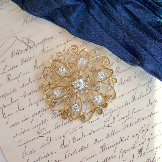 Vintage 14k Yellow Gold 1.37cttw Diamond Scrollwork Pin/Pendant0