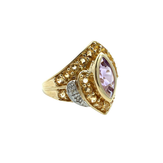 Vintage 10k Yellow Gold 1.10tcw Amethyst 1.10cttw Citrine 0.02cttw Diamond Ring1