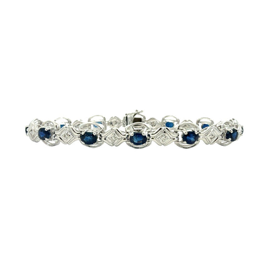 14k White Gold 0.14cttw Diamond and 4.56cttw Sapphire Link Bracelet0