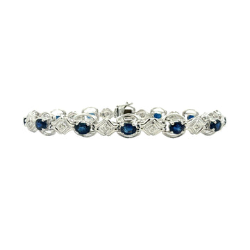 14k White Gold 0.14cttw Diamond and 4.56cttw Sapphire Link Bracelet0