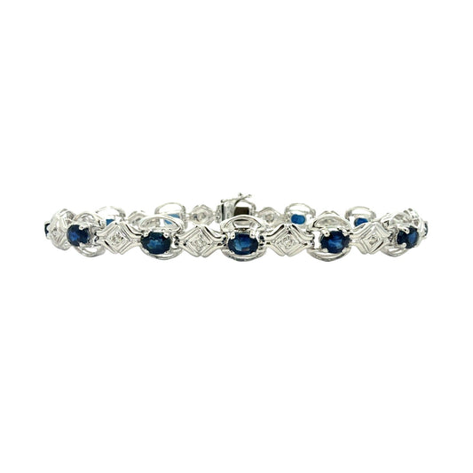 14k White Gold 0.14cttw Diamond and 4.56cttw Sapphire Link Bracelet0