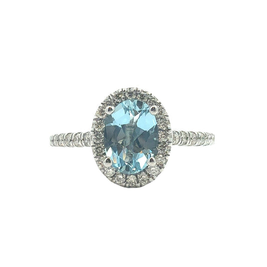 14k White Gold Stamped 0.31ctw Diamond & 0.61ctw Oval Aquamarine Ring0