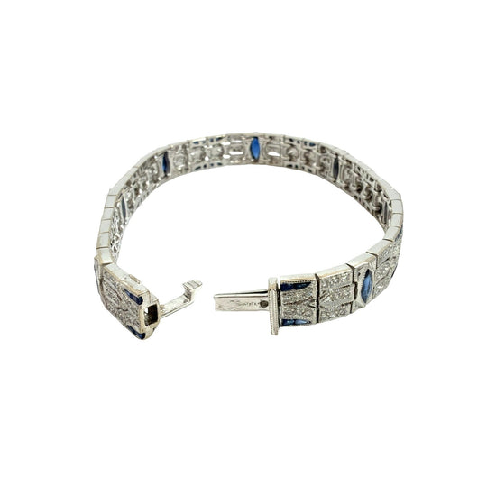 18k White Gold 3.01cttw Sapphire and 1.58cttw Diamond Art Deco Style Bracelet 7"5