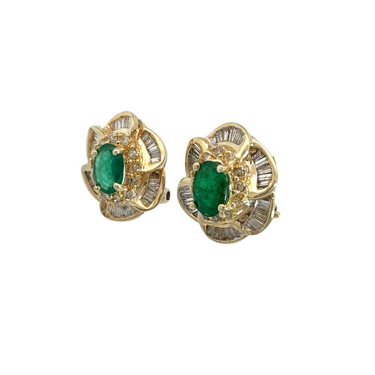 14k Yellow Gold 1.12cttw Oval Emerald and 1.44cttw Diamond Floral Halo Earrings1