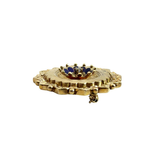 Antique Stamped 14k Yellow Gold Old Mine 0.07cttw Diamond & Blue Enamel Brooch4