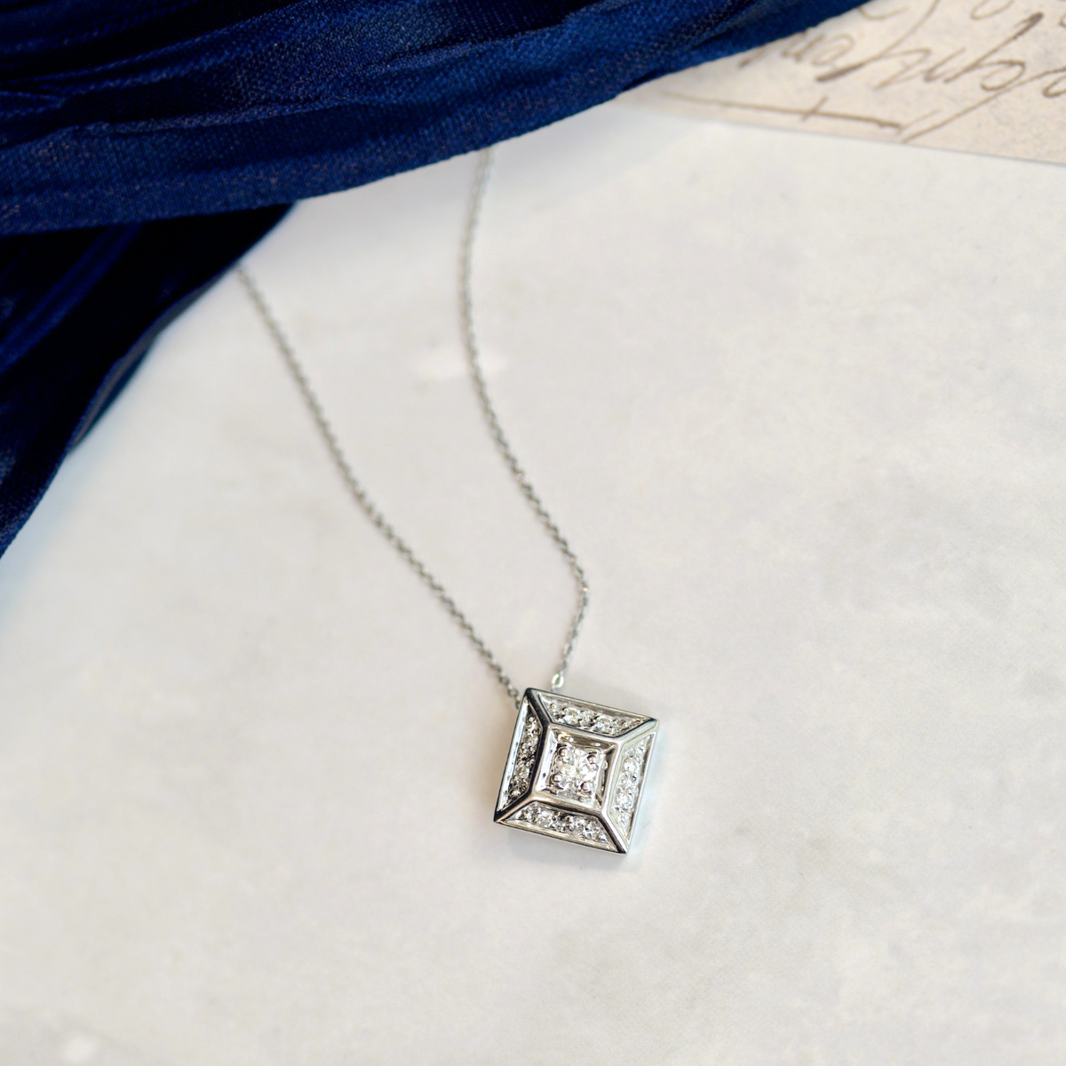 14k White Gold and 0.18cttw Diamond Geometric Pendant Necklace0