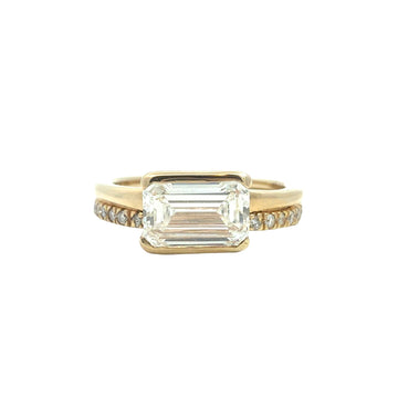 14k YG East-West Emerald-Cut 1.08tcw Diamond Engagement Ring & 18k 0.10cttw Band0
