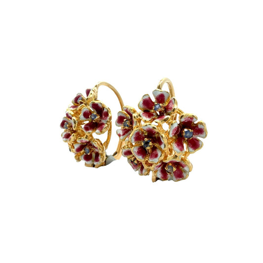 Vintage 18k Yellow Gold Enamel and 0.12cttw Sapphire Cluster Floral Earrings1
