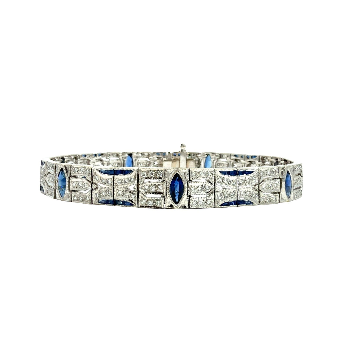 18k White Gold 3.01cttw Sapphire and 1.58cttw Diamond Art Deco Style Bracelet 7"8
