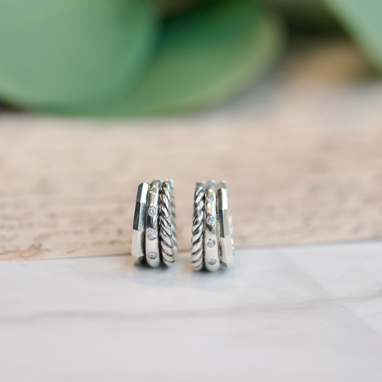 David Yurman Stax Sterling Silver 0.11cttw Diamond Cable Huggie Hoop Earrings0