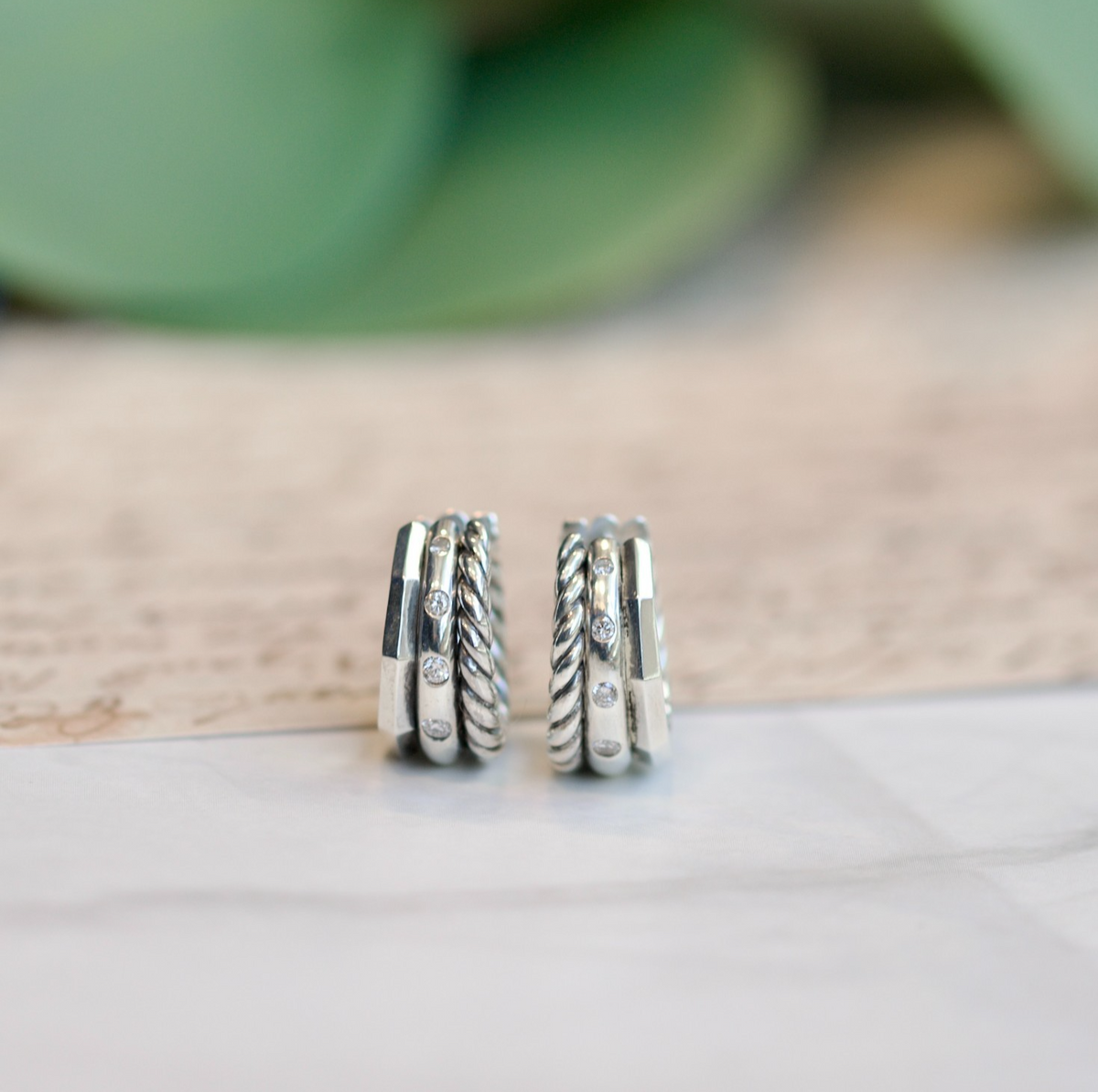 David Yurman Stax Sterling Silver 0.11cttw Diamond Cable Huggie Hoop Earrings0