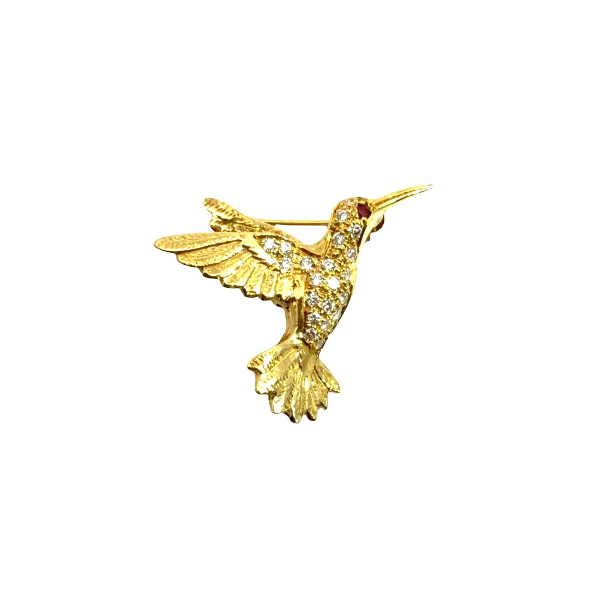 Vintage 18k Yellow Gold 0.18cttw Diamond & 0.01tcw Ruby Hummingbird Pin1