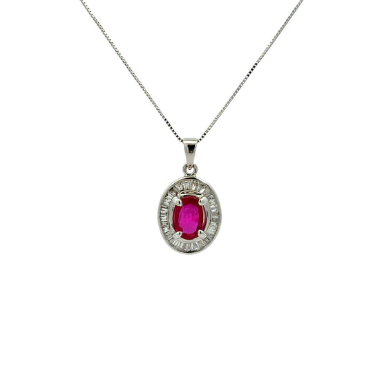 18k White Gold 0.83tcw Oval Ruby and 0.35cttw Diamond Halo Pendant Necklace0