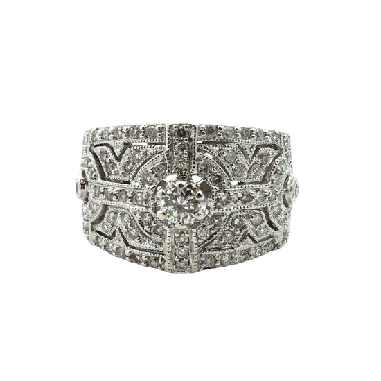 18k White Gold Art Deco Style 0.71ctw Diamond Cluster Ring Size 7.50