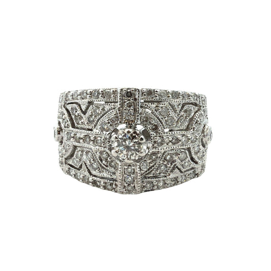 18k White Gold Art Deco Style 0.71ctw Diamond Cluster Ring Size 7.50