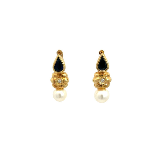 Vintage 18k Yellow Gold Pearl 0.92cttw Sapphire and 0.04cttw Diamond Earrings0