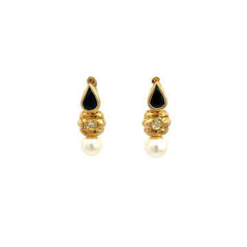 Vintage 18k Yellow Gold Pearl 0.92cttw Sapphire and 0.04cttw Diamond Earrings0
