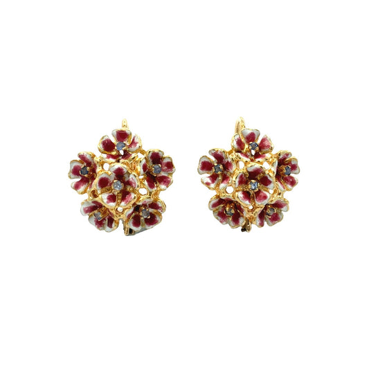 Vintage 18k Yellow Gold Enamel and 0.12cttw Sapphire Cluster Floral Earrings0