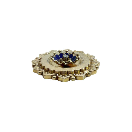 Antique Stamped 14k Yellow Gold Old Mine 0.07cttw Diamond & Blue Enamel Brooch1