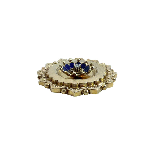 Antique Stamped 14k Yellow Gold Old Mine 0.07cttw Diamond & Blue Enamel Brooch1