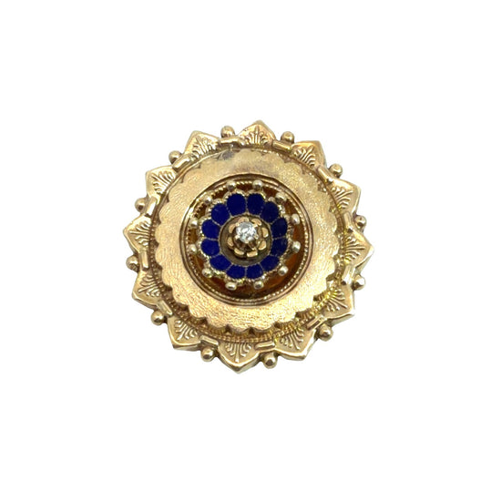Antique Stamped 14k Yellow Gold Old Mine 0.07cttw Diamond & Blue Enamel Brooch0