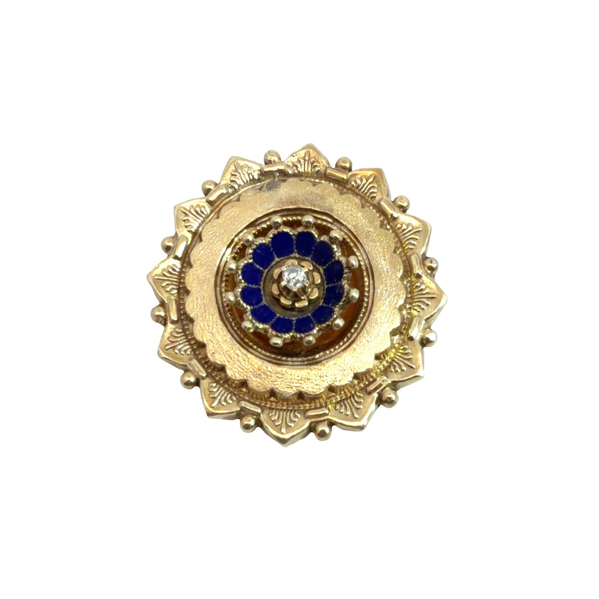 Antique Stamped 14k Yellow Gold Old Mine 0.07cttw Diamond & Blue Enamel Brooch0