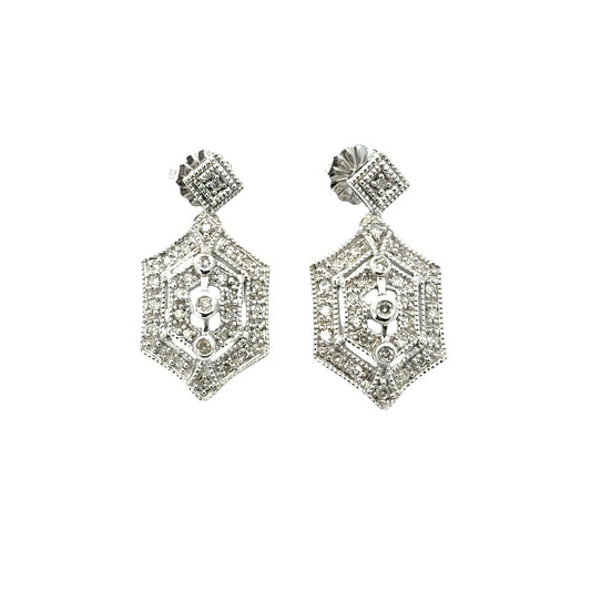 14k White Gold and 0.42cttw Diamond Geometric Art Deco Style Dangle Earrings0