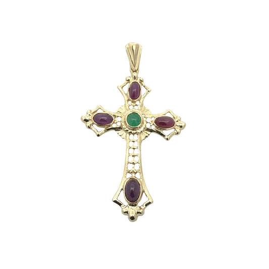 Vintage 14k Yellow Gold 0.20tcw Emerald and 1.89cttw Ruby Openwork Cross Pendant1