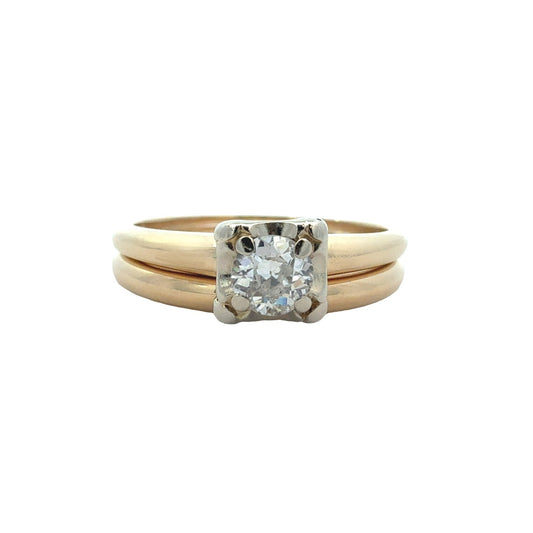 14k Yellow Gold Two Tone Solitaire 0.27ctw Diamond Bridal Set Size 6.50