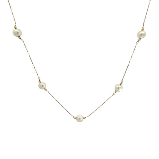 14k Yellow Gold 5 Pearl Station Necklace 17.5"0