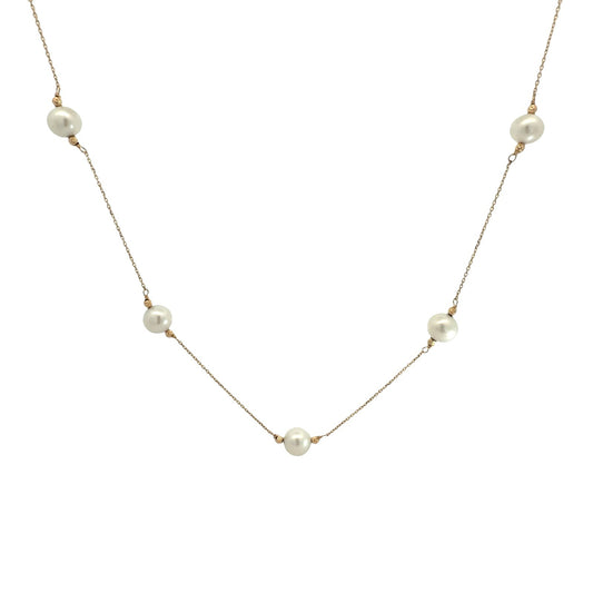 14k Yellow Gold 5 Pearl Station Necklace 17.5"0