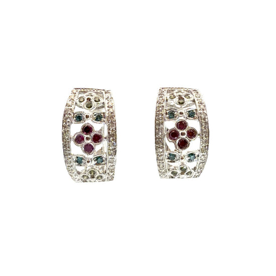 14k White Gold Multi-Color 0.82cttw Diamond Floral Openwork Hoop Earrings0