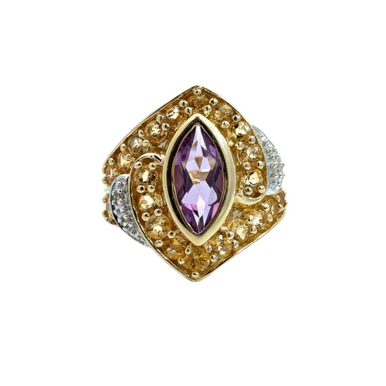 Vintage 10k Yellow Gold 1.10tcw Amethyst 1.10cttw Citrine 0.02cttw Diamond Ring0
