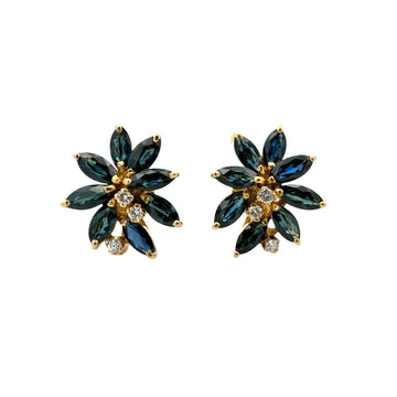 Vintage 18k Yellow Gold 3.36cttw Sapphire and 0.16cttw Diamond Cluster Earrings0