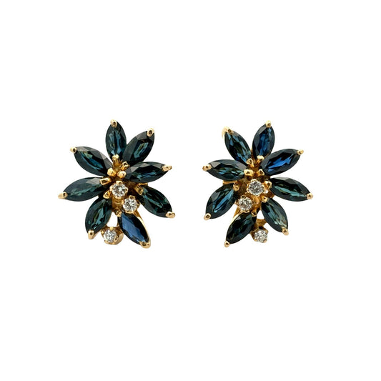 Vintage 18k Yellow Gold 3.36cttw Sapphire and 0.16cttw Diamond Cluster Earrings0
