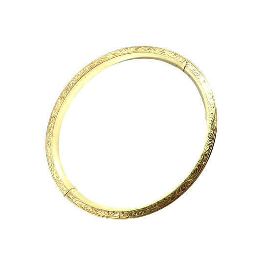 Vintage 14k Yellow Gold Etched and Milgrain Hinged Bangle 7"1