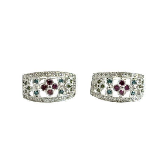 14k White Gold Multi-Color 0.82cttw Diamond Floral Openwork Hoop Earrings1