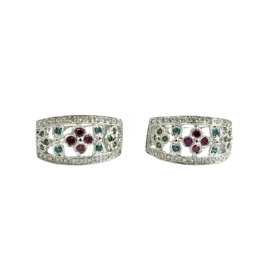 14k White Gold Multi-Color 0.82cttw Diamond Floral Openwork Hoop Earrings1