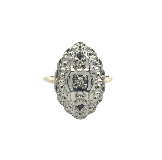 Art Deco 14k White Gold Stamped Two-Toned 0.08ctw Diamond Navette Cocktail Ring0
