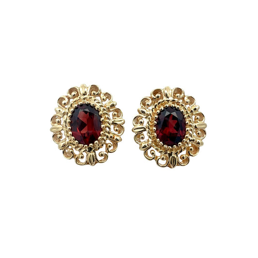 Vintage Stamped 14k Yellow Gold Oval 3.22cttw Garnet Filigree Stud Earrings0