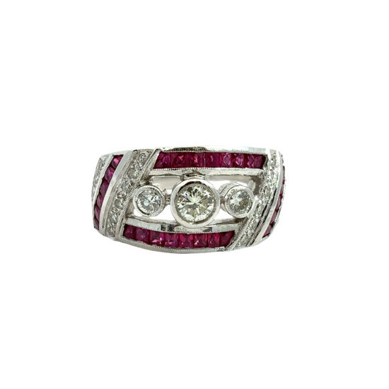 18k White Gold Art Deco Style 0.37cttw Diamond & 0.54cttw Ruby Ring Size 70