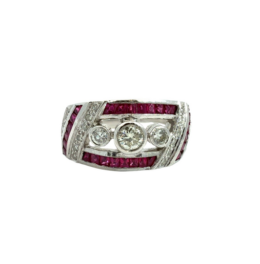 18k White Gold Art Deco Style 0.37cttw Diamond & 0.54cttw Ruby Ring Size 70