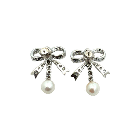 14k White Gold 0.60cttw Diamond Bow and Pearl Drop Earrings3