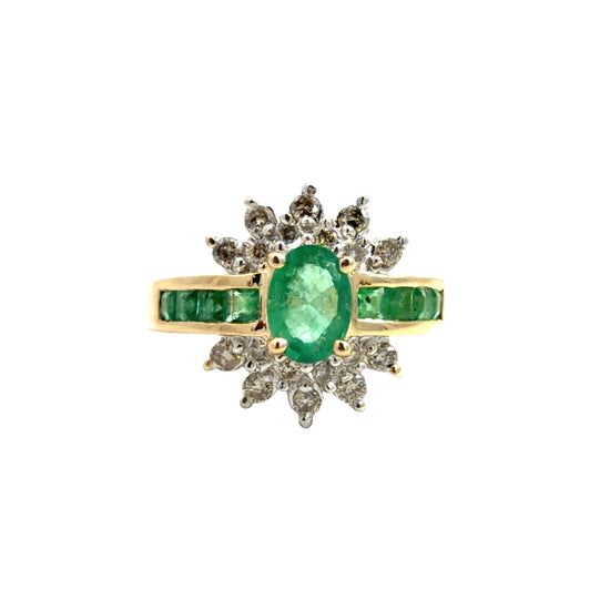14k Yellow Gold 0.75cttw Emerald & 0.38cttw Diamond Starburst Halo Cocktail Ring0