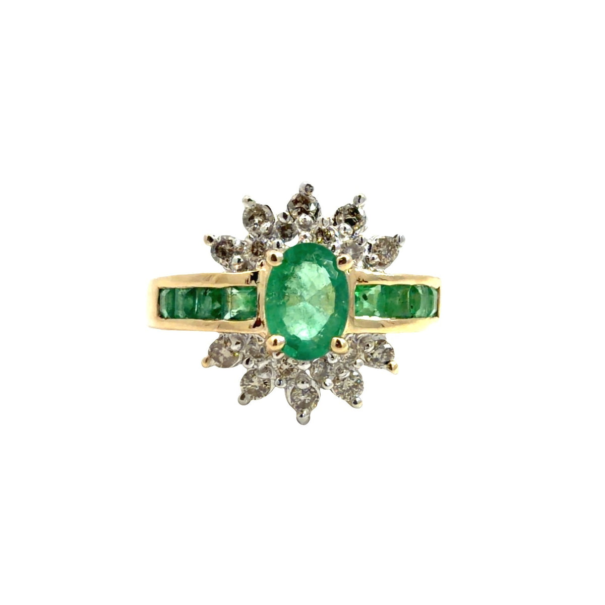14k Yellow Gold 0.75cttw Emerald & 0.38cttw Diamond Starburst Halo Cocktail Ring0