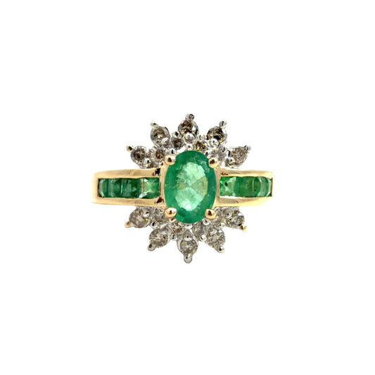 14k Yellow Gold 0.75cttw Emerald & 0.38cttw Diamond Starburst Halo Cocktail Ring0