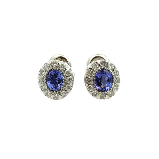 14k White Gold 0.86cttw Oval Tanzanite & 0.30cttw Diamond Halo Stud Earrings0